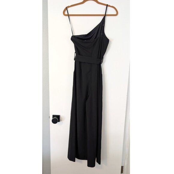 NWOT ANRABESS Dressy One Shoulder Wide-Leg Belted Jumpsuit in Black, Size M - Picture 3 of 4